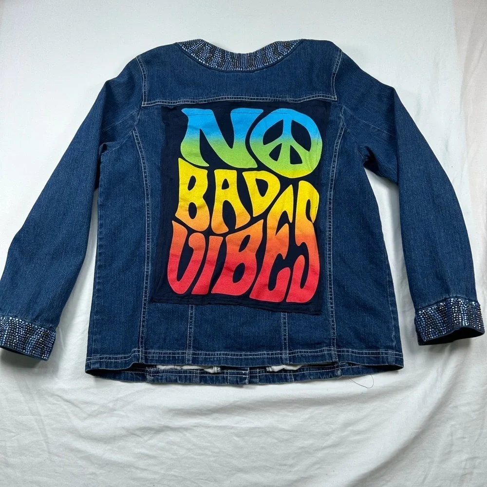 Quacker Factory Custom Denim Jacket No Bad Vibes Peace Rhinestone boho Sz M